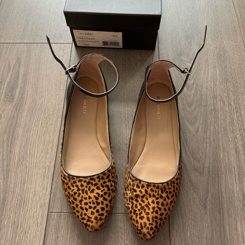 Sole Society animal print and leather flats with ankle strap